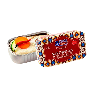 A tin can of Briosa Gourmet sardines in olive oil with a colorful label, partially opened to show the sardines inside.