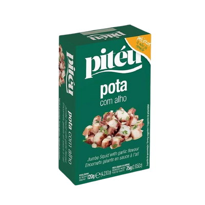 A canned product labeled 'PITEU POTA COM A GARLIC' which appears to be a seafood product with potatoes and garlic.