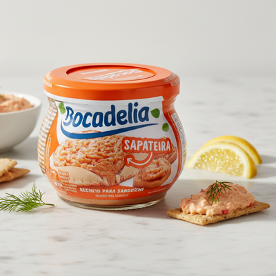 Jar of Bocadelia Sapateira spread on a marble surface with crackers and lemon slices.