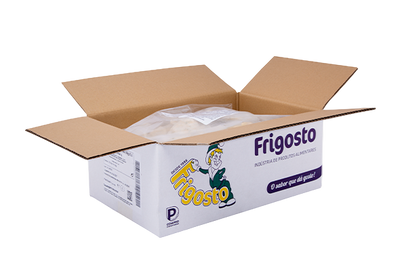 Open cardboard box with Frigosto packaging on a white background