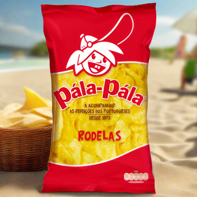 Pala-Pala chips bag on a beach with a blurred background