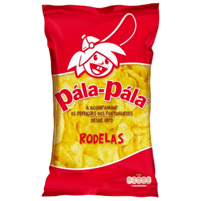 Red and yellow bag of Pala-Pala Rodelas snacks on a white background