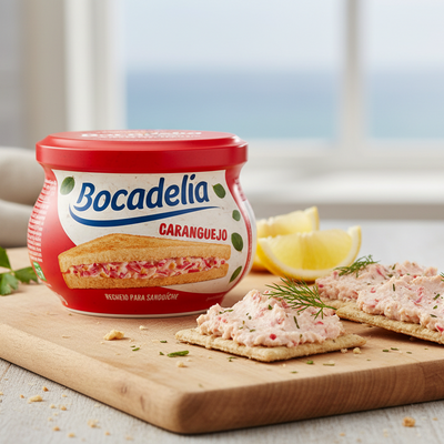 Bocadelia container with crackers and spread on a wooden board