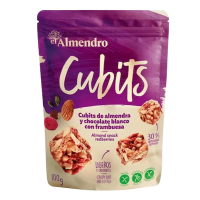 Packaging of El Almendro Cubits, which are almond snacks with white chocolate and raspberries.