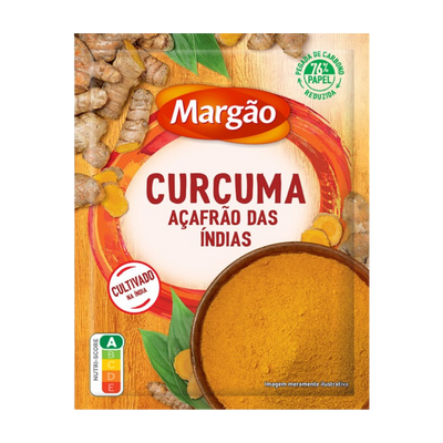 Margóo Curcuma packaging with turmeric and ginger on a wooden background