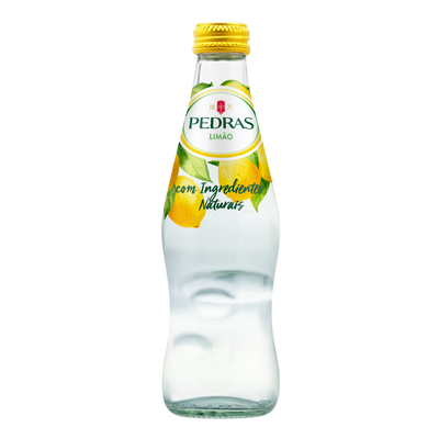 Pedras Limao bottle with lemon graphic on a white background