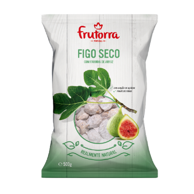 Packaging of Frutorra brand dried figs with apricot flavor, weight 500g, prominently displaying the product and brand name, and an image of fresh figs and leaves.