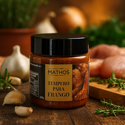 Jar of Mathos chicken seasoning on a wooden surface with herbs and garlic in the background