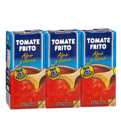 Three boxes of Tomate Frito with a wooden spoon illustration on a white background