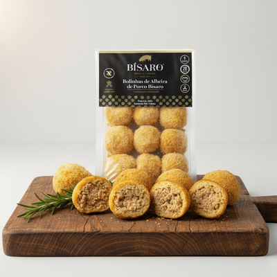 Packaged food items on a wooden cutting board with a white background