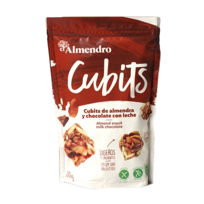 Packaging of El Almendro Cubits Milk Chocolate, showing a red and white bag with images of the cubed chocolates and almonds.