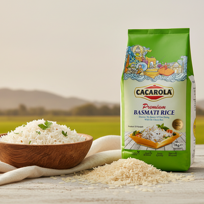 Cacarola Basmati Rice package with a bowl of rice and scattered rice grains on a wooden surface with a scenic background.