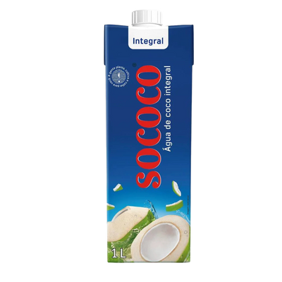 Sococo coconut water carton with blue and red design on a white background