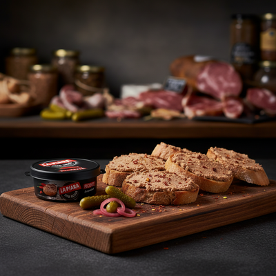 Wooden cutting board with bread slices, pickles, and a container of La Piara on a dark surface.