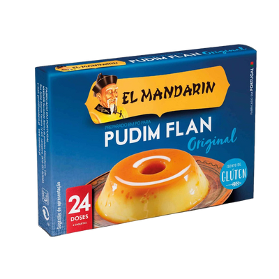 Box of El Mandarin Pudim Flan Original with a blue background