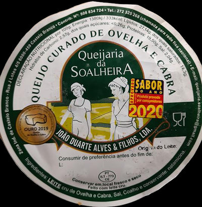 Cheese label from Queijaria da Soalheira with branding and product details.