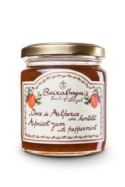 A glass jar of Apricot Jam with Mint, labeled 'Serramel' with an illustration of apricots and mint leaves.