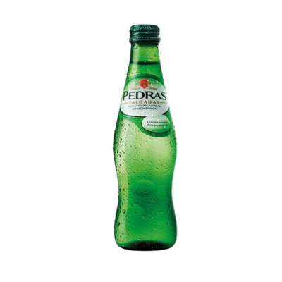 A green glass bottle of Pedras sparkling mineral water, 250ml.