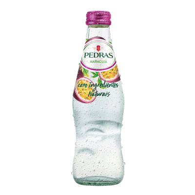 A bottle of Pedras Salgadas Passion Fruit Mineral Water with Sparkling, 250ml.