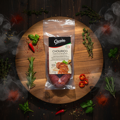 Cevadas Chourico package on a wooden board with herbs and peppers, surrounded by smoke.