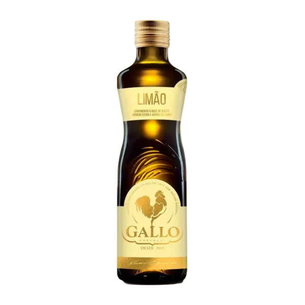 Bottle of Gallo olive oil lemon with a gold cap on a white background