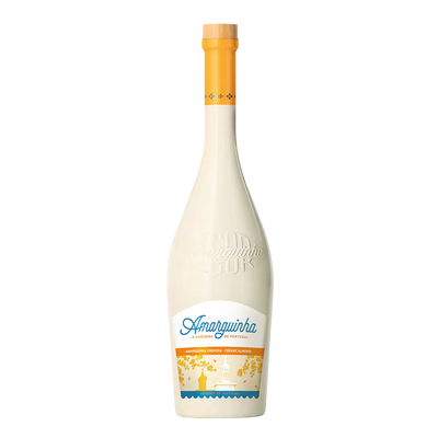 Bottle of Amarguinha liquor on a white background