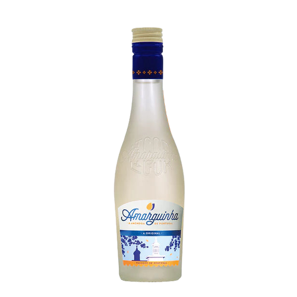 Bottle of Amarguinha with a blue label on a white background