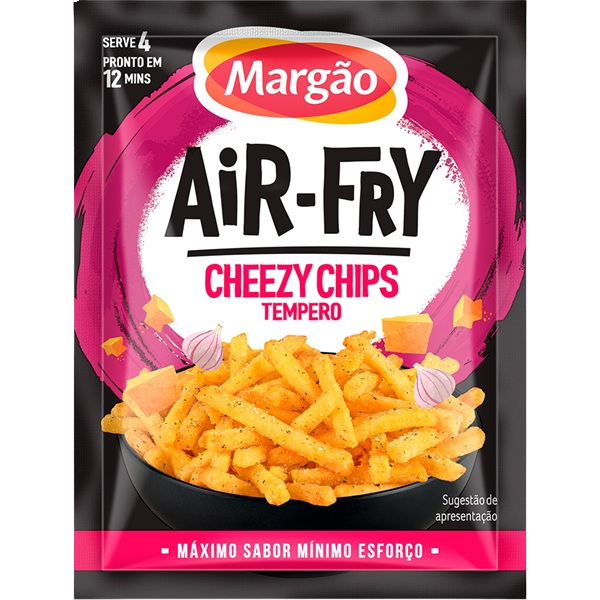 Packaging of Margón Air-Fry Cheezy Chips with a pink and black design.