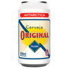 Antarctica Cerveja Original can on a beach background.