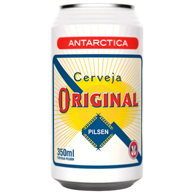 Antarctica Cerveja Original can on a beach background.