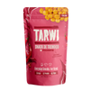 Pink snack package with yellow berries labeled 'Tarwi' on a white background