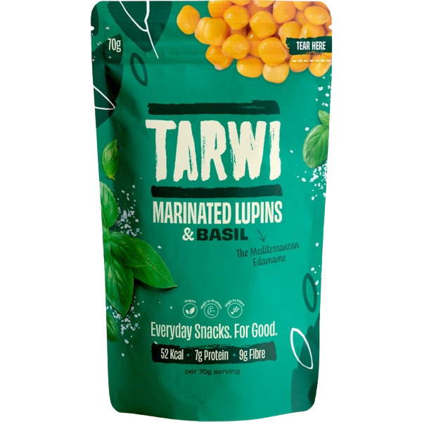 Green package of Tarwi marinated lupins with basil on a white background