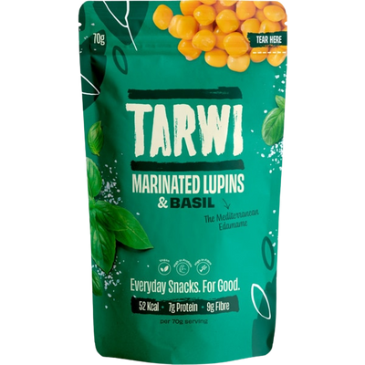 Green package of Tarwi marinated lupins with basil on a white background