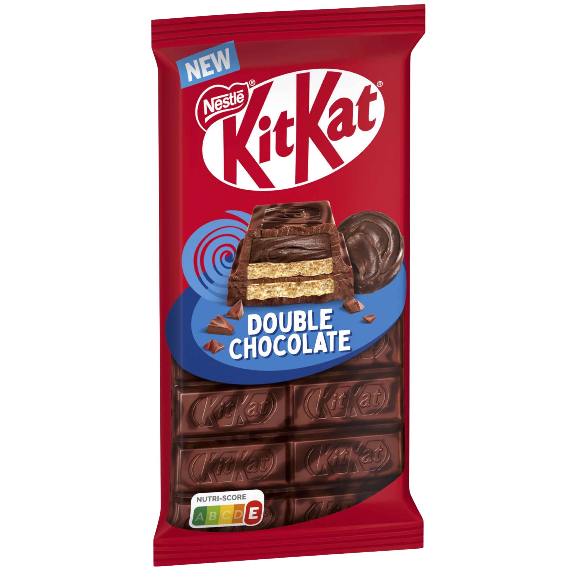 Red Nestle KitKat Double Chocolate packaging on a white background