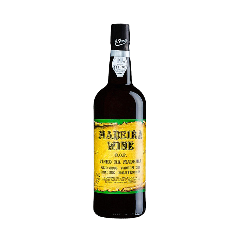 Bottle of Madeira wine with a yellow label on a white background