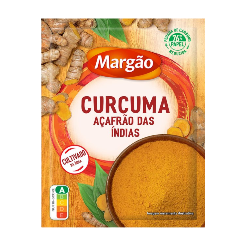 Margóo Curcuma packaging with turmeric and ginger on a wooden background