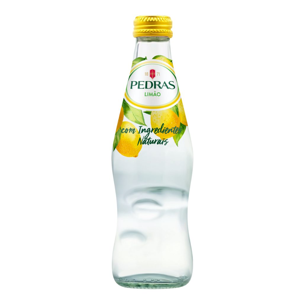 Pedras Limao bottle with lemon graphic on a white background