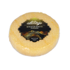 Round cheese with a label on a white background