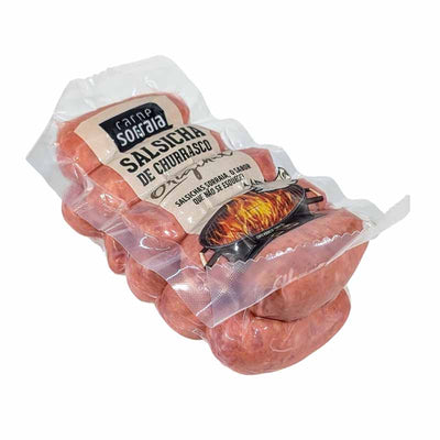 Packaged sausages with a visible label on a white background.

