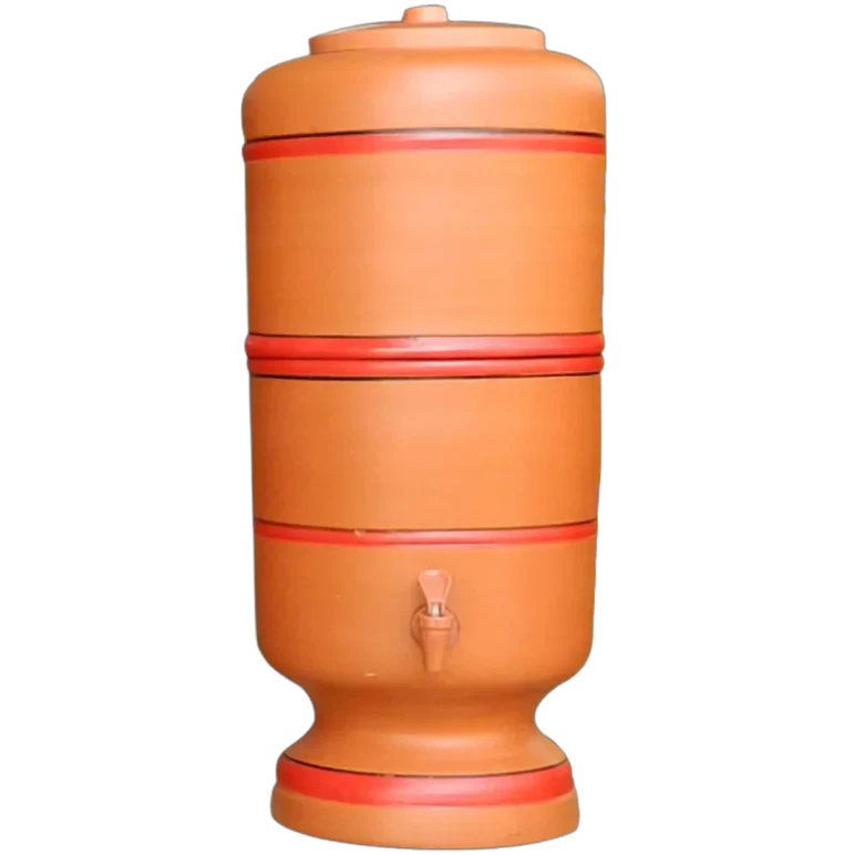 Terracotta water dispenser with red bands on a white background