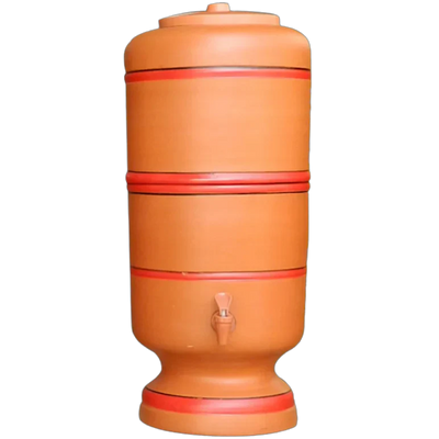 Terracotta water dispenser with red bands on a white background