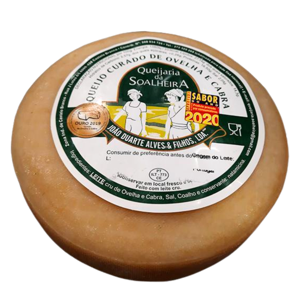 Round cheese with a label on a white background