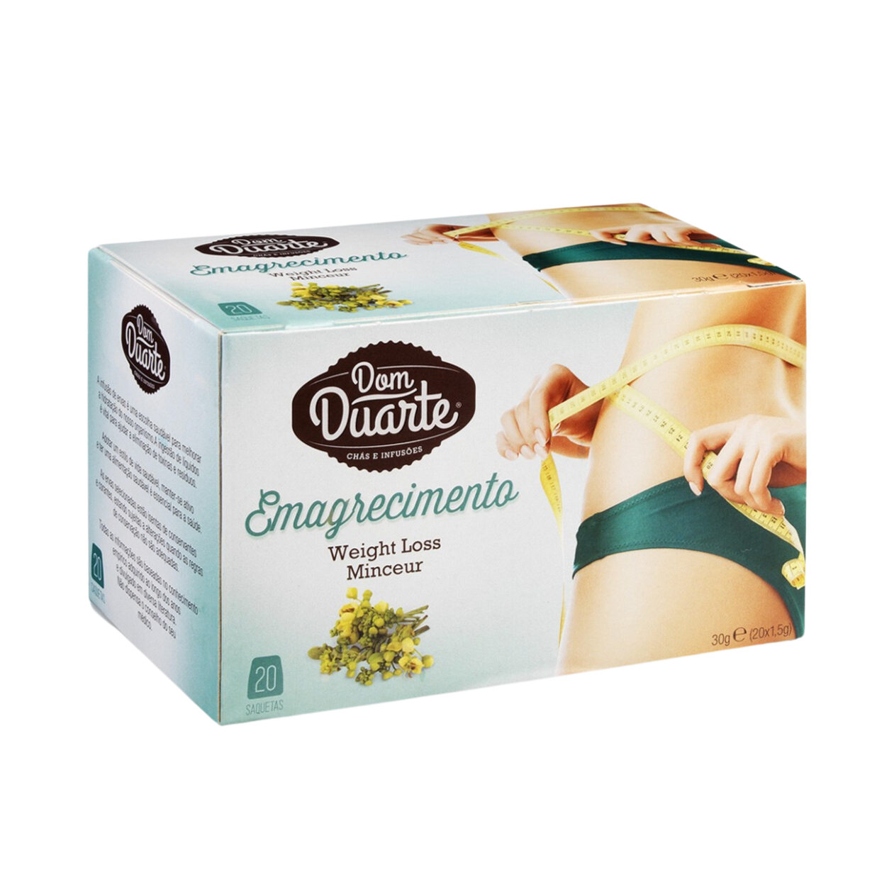 A box of Dom Duarte Chá Emagrecimento weight loss tea, with an image of a woman measuring her waist, indicating weight loss.