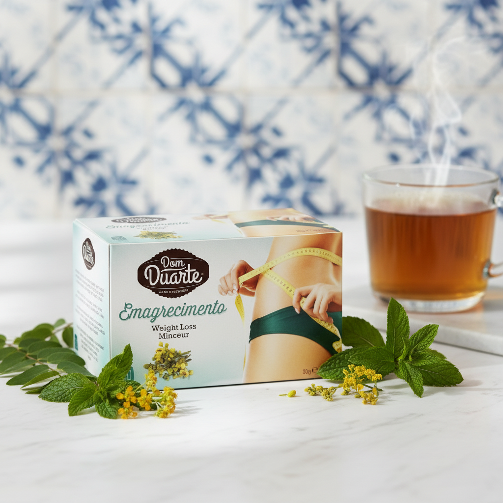 Box of 'Dom Duarte' weight loss product with a glass of tea and mint leaves on a white surface.