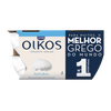 Oikos yogurt packaging with text on a white background