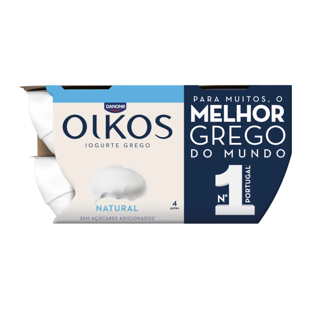 Oikos yogurt packaging with text on a white background