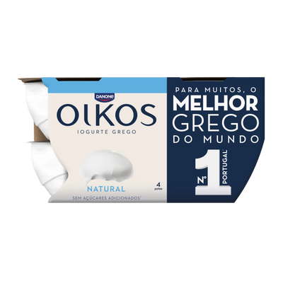 Oikos yogurt packaging with text on a white background