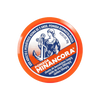 A round orange and blue container of Pomada Minancora skin cream, featuring a white, blue, and orange label with a classical figure holding an anchor.