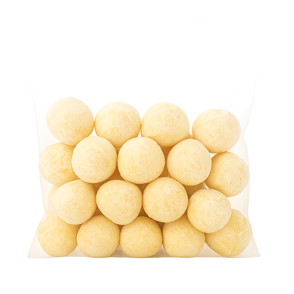 Bag of cheese balls pão de queijo on a white background
