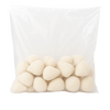Transparent plastic bag filled with frozen Brazilian mini chicken coxinhas with Catupiry cheese, teardrop-shaped, breadcrumb-coated, uncooked, ready-to-fry.
